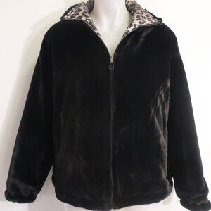 Womens Shag Boutique Black Faux Fur Jacket W/Leopard Lining L